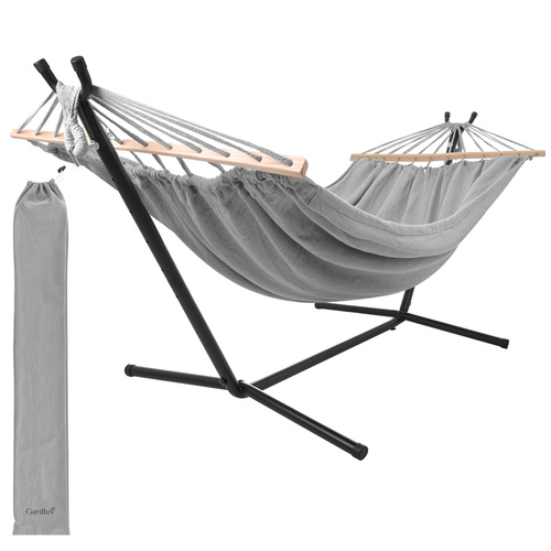 Dvoumístná zahradní houpací síť s rámem 200×150 cm – pevný železný stojan 250 kg