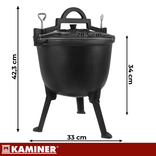 Kotlík litinový KAMINER 8L – smaltovaný, na oheň, s nohami, pokličkou, kartáčem