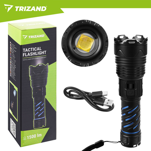 LED taktická svítilna TRIZAND 1500 lm – dobíjecí 5000 mAh, USB-C, zoom, vodotěsná
