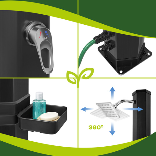 Solární sprcha GARDLOV 40L – 60°C, LED regulace, 360° hlavice, baterie, zahradní