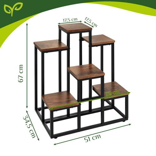 Kovový stojan na květiny 6 úrovní – loftový styl, nosnost 36 kg, MDF police, černý rám