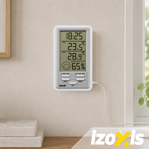 Bezdrátová meteorologická stanice – teploměr, vlhkoměr, hodiny, budík