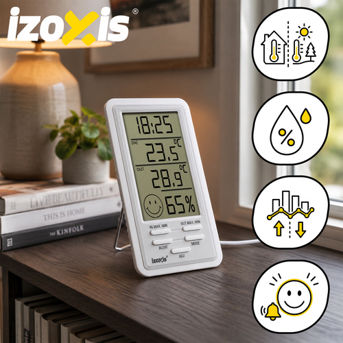 Bezdrátová meteorologická stanice – teploměr, vlhkoměr, hodiny, budík