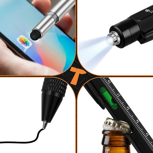 2ks Multifunkční pero 9v1 – LED svítilna, oboustranný šroubovák, vodováha, stylus, otvírák