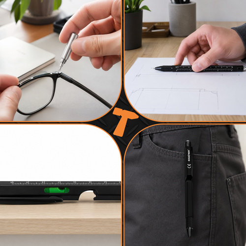 2ks Multifunkční pero 9v1 – LED svítilna, oboustranný šroubovák, vodováha, stylus, otvírák